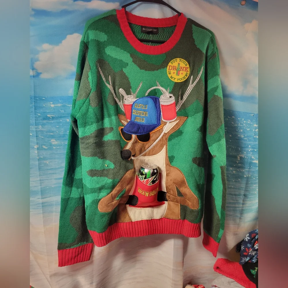 Blizzard Bay NWOT Reindeer Christmas Sweater With Drink Holder Size Large Unisex